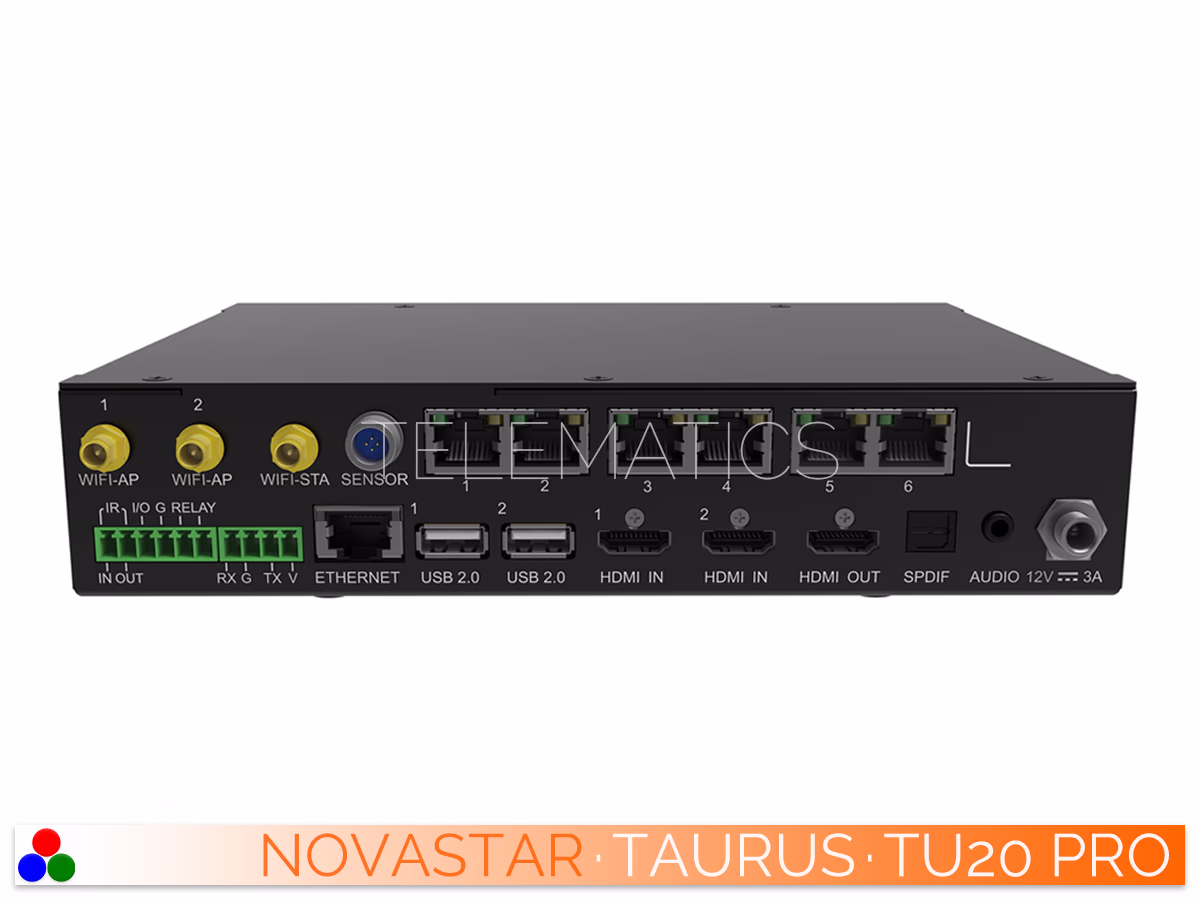 The Art Of Control · NovaStar Taurus Series · Telematics Canada Straight rear panel view of the NovaStar TU20 Pro showcasing HDMI inputs/outputs, six Gigabit Ethernet ports, USB, audio, and sensor terminals.