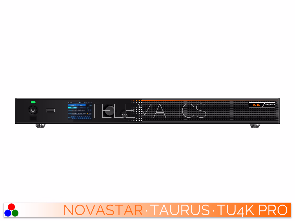 The Art Of Control · NovaStar Taurus Series · Telematics Canada Straight front panel view of the NovaStar TU40 Pro LED playback control processor featuring the LCD screen, control knob, and USB 2.0 port.