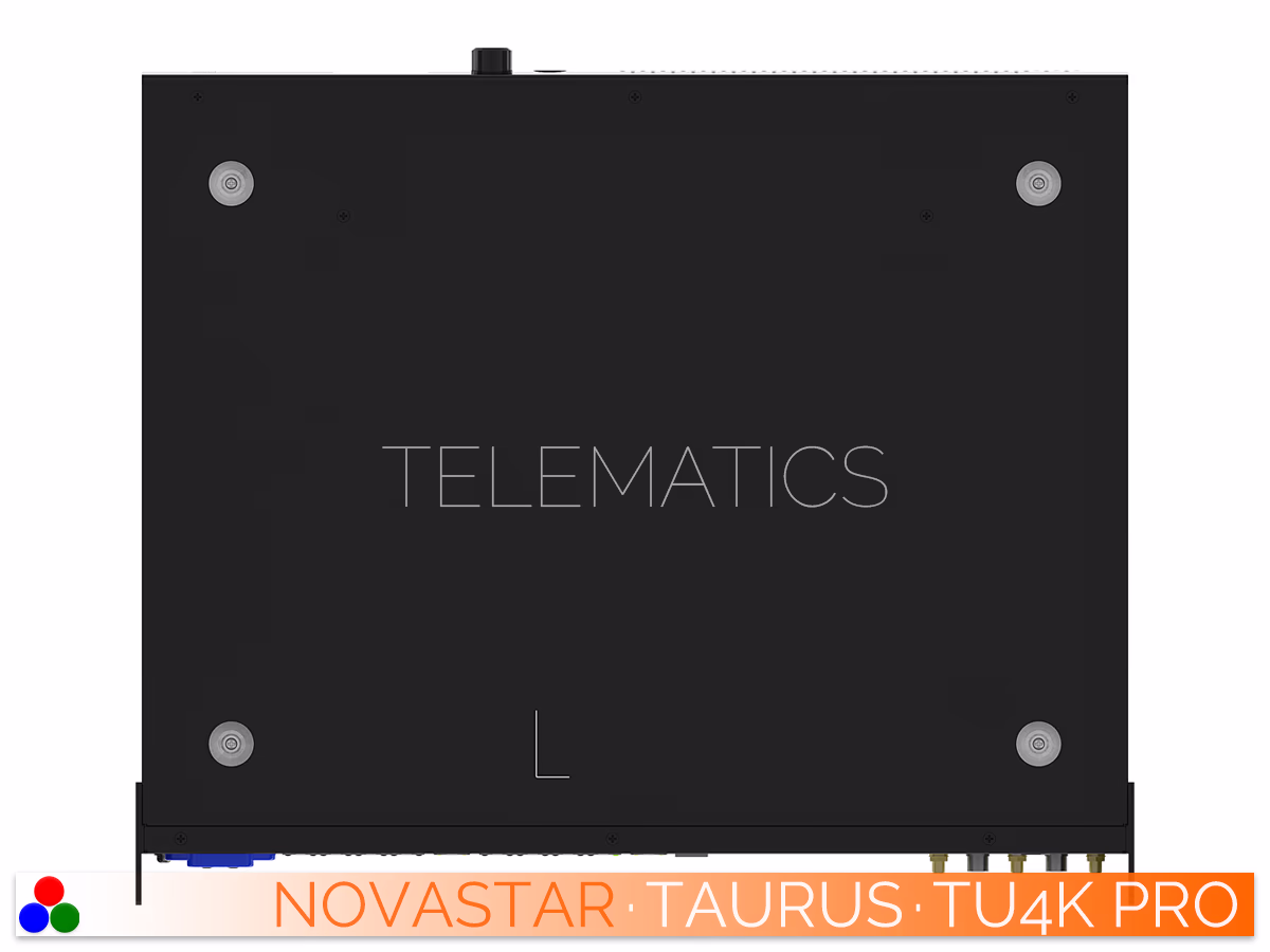 The Art Of Control · NovaStar Taurus Series · Telematics Canada Top-down view of the NovaStar TU40 Pro multimedia player enclosure showing the clean surface and structural assembly screws with the rear panel connectivity options visible.
