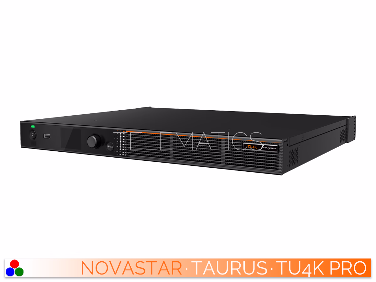 The Art Of Control · NovaStar Taurus Series · Telematics Canada Left-angled front perspective of the NovaStar TU4K Pro LED controller highlighting the power button, indicator LED, and rack mount ears.