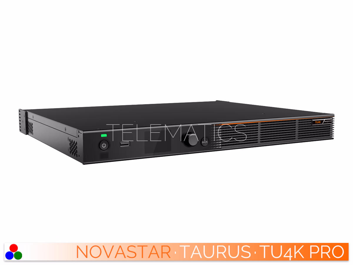 The Art Of Control · NovaStar Taurus Series · Telematics Canada Right-angled front view of the NovaStar TU4K Pro processor showing the LCD status screen, selection knob, and TU4K Pro badge.