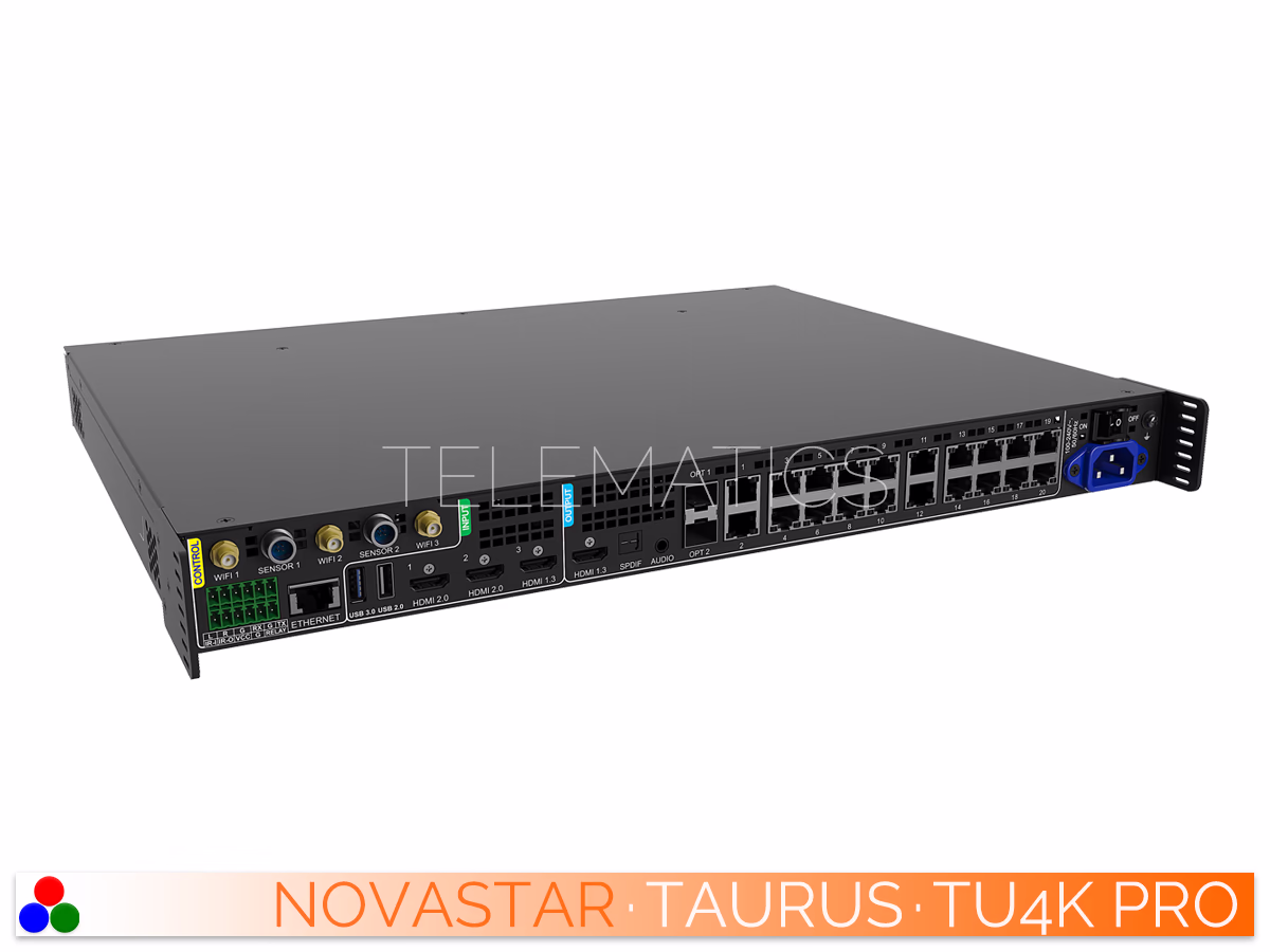 The Art Of Control · NovaStar Taurus Series · Telematics Canada Left-angled rear view of the NovaStar TU4K Pro multimedia player highlighting the WiFi, sensor, relay, and HDMI connections.