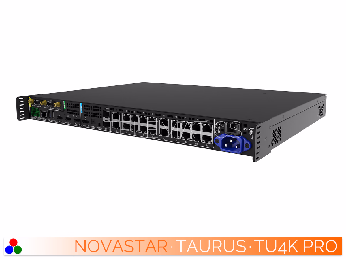The Art Of Control · NovaStar Taurus Series · Telematics Canada Right-angled rear perspective of the NovaStar TU4K Pro detailing the 20 Gigabit Ethernet outputs, OPT ports, and AC power input.