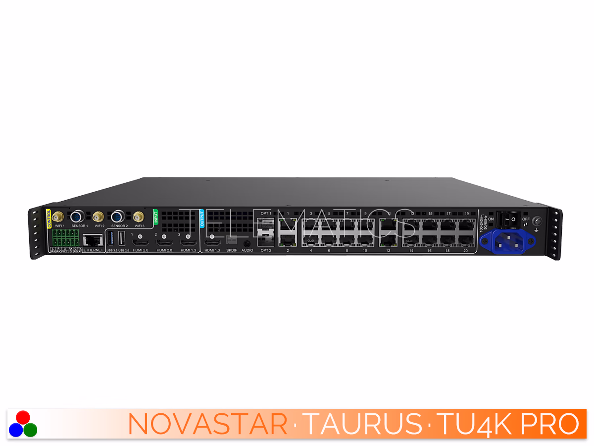 The Art Of Control · NovaStar Taurus Series · Telematics Canada Straight rear panel view of the NovaStar TU4K Pro showcasing the comprehensive input, output, and control connectivity options.