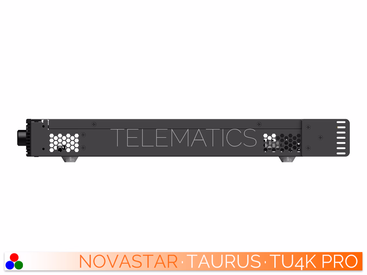 The Art Of Control · NovaStar Taurus Series · Telematics Canada Right side profile of the NovaStar TU4K Pro hardware enclosure detailing the honeycomb heat dissipation ventilation.