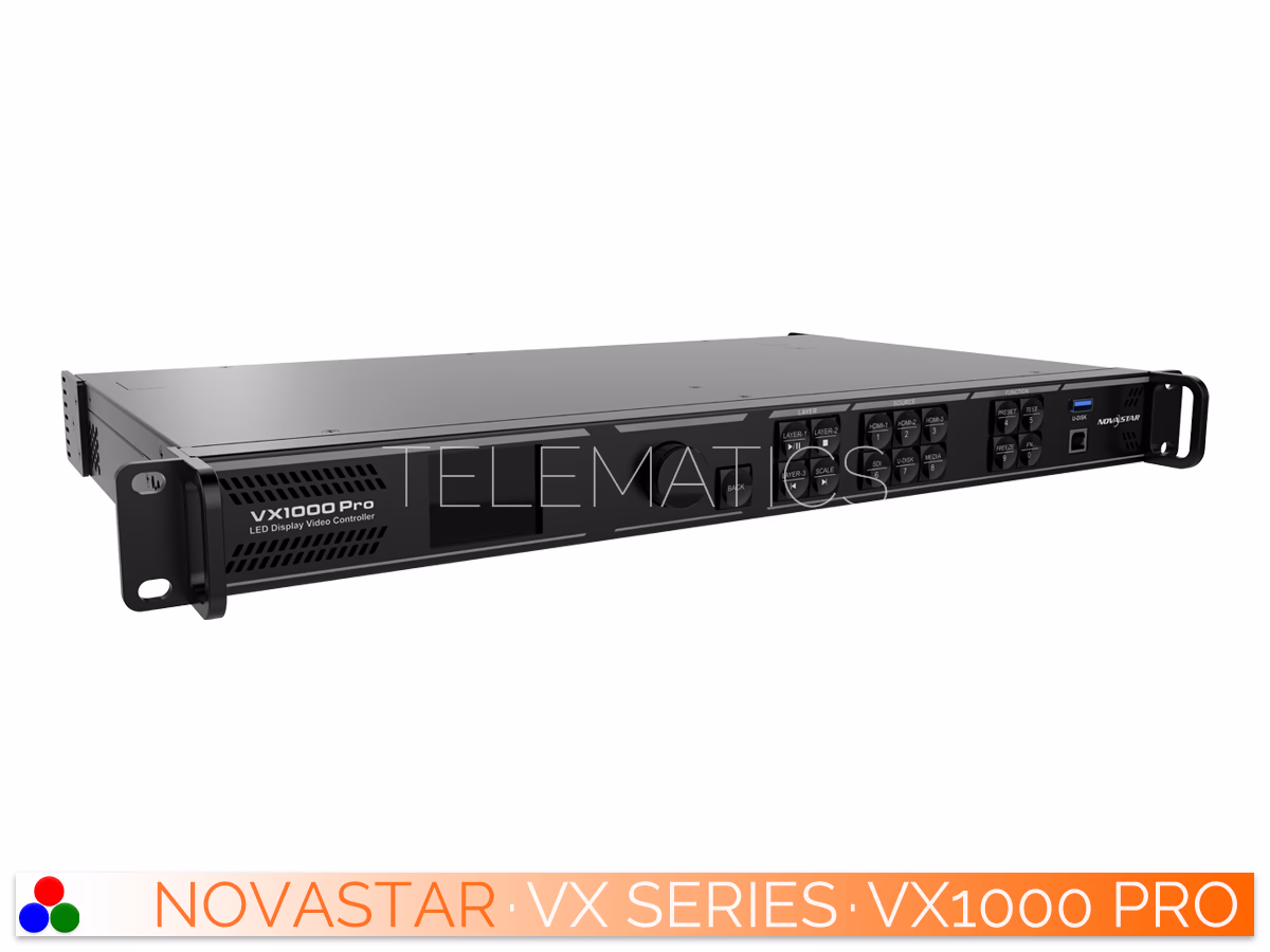 The Art Of Control · NovaStar VX Series · Telematics Canada Left-angled front perspective of the NovaStar VX1000 Pro video controller highlighting the rack mount ears and front interface.
