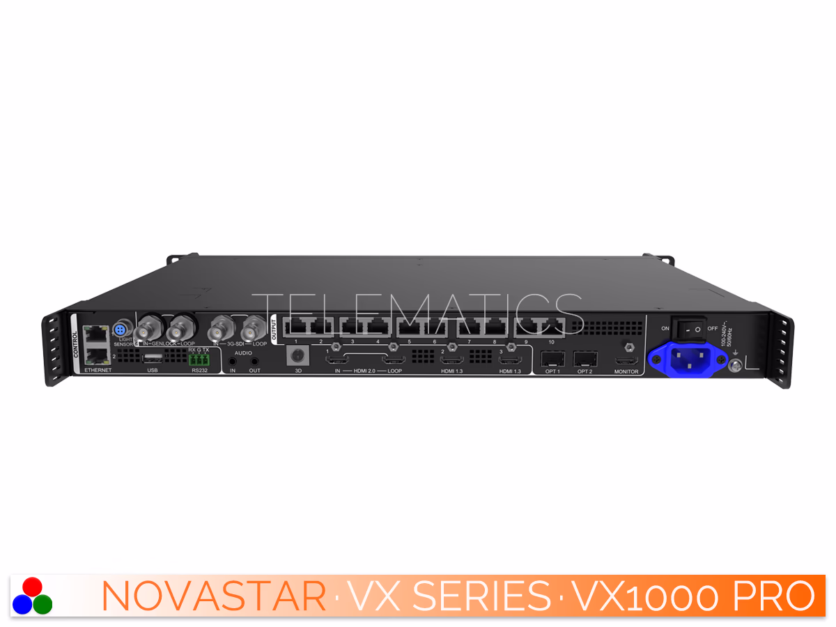 The Art Of Control · NovaStar VX Series · Telematics Canada Right-angled front view of the NovaStar VX1000 Pro processor showing the control buttons, display screen, and side ventilation.