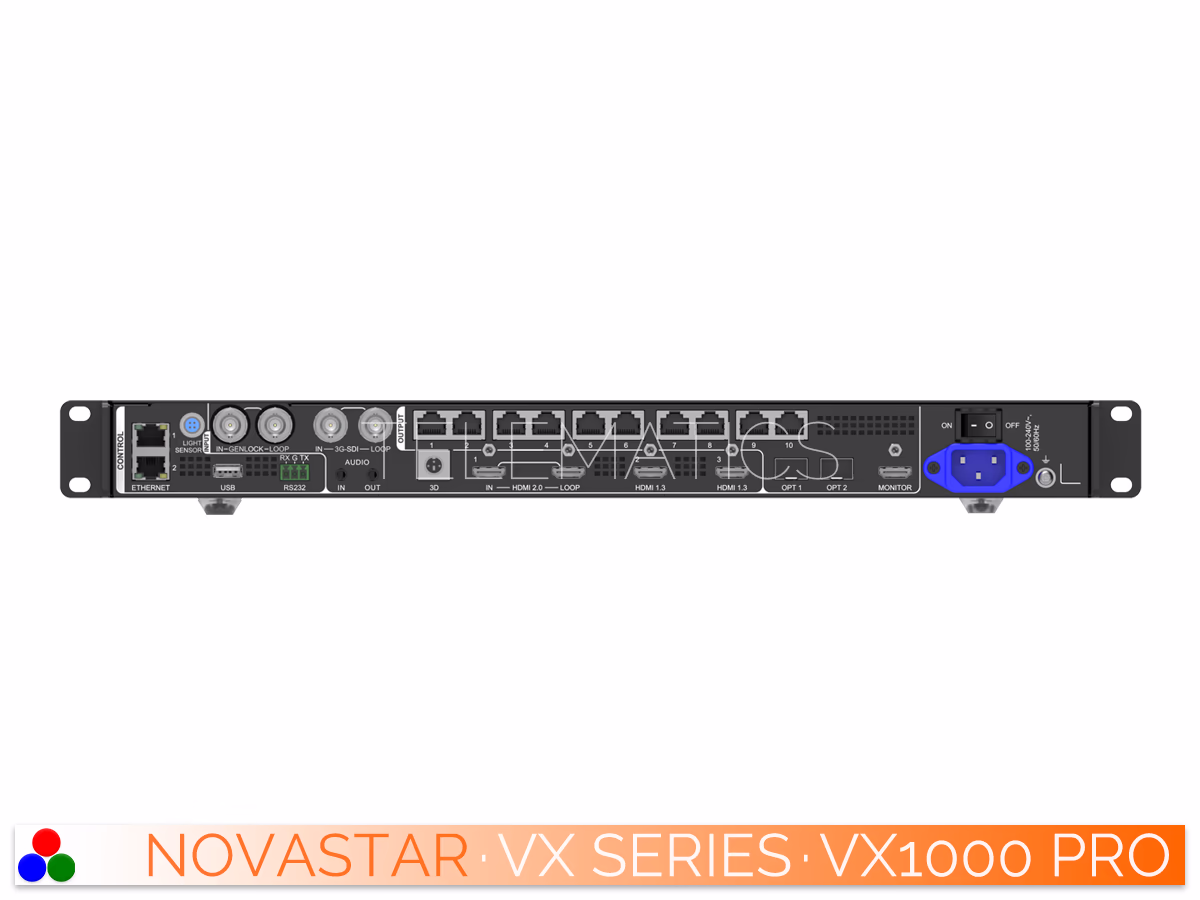 The Art Of Control · NovaStar VX Series · Telematics Canada Left-angled rear view of the NovaStar VX1000 Pro all-in-one controller highlighting the HDMI, DP, and audio input interfaces.