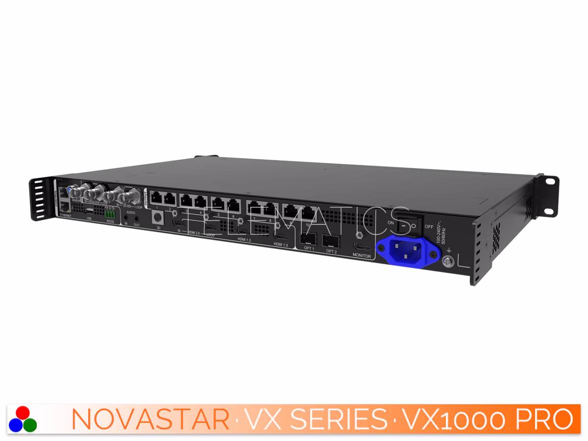 The Art Of Control · NovaStar VX Series · Telematics Canada Straight rear panel view of the NovaStar VX1000 Pro showcasing the comprehensive video inputs, Gigabit Ethernet outputs, and optical ports.