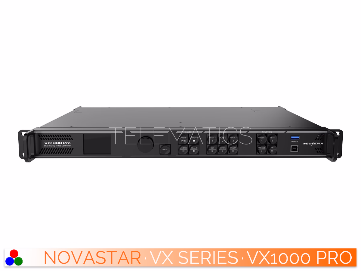 The Art Of Control · NovaStar VX Series · Telematics Canada Top-down view of the NovaStar VX1000 Pro controller enclosure featuring a clean surface design and structural assembly screws.