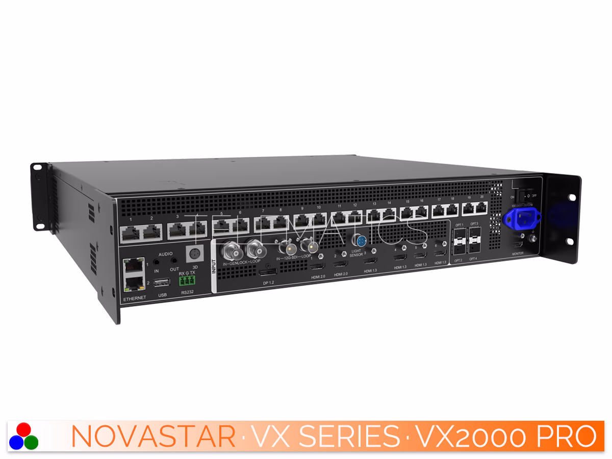 The Art Of Control · NovaStar VX Series · Telematics Canada Detailed close-up of the NovaStar VX2000 Pro rear panel focusing on the high-resolution video input connectors and Genlock port.
