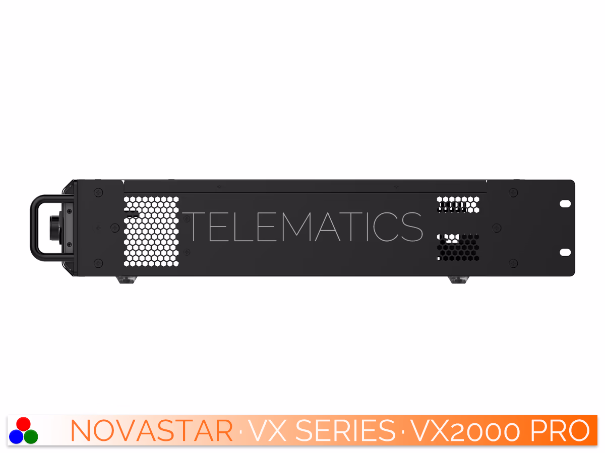 The Art Of Control · NovaStar VX Series · Telematics Canada Detailed straight view of the NovaStar VX2000 Pro rear panel showing the array of Gigabit Ethernet LED display outputs and optical connections.