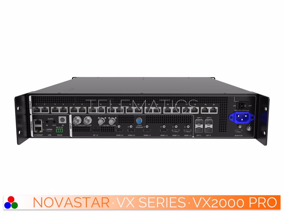 The Art Of Control · NovaStar VX Series · Telematics Canada Left-angled rear view of the NovaStar VX2000 Pro all-in-one controller highlighting the HDMI, DP, and audio input interfaces.