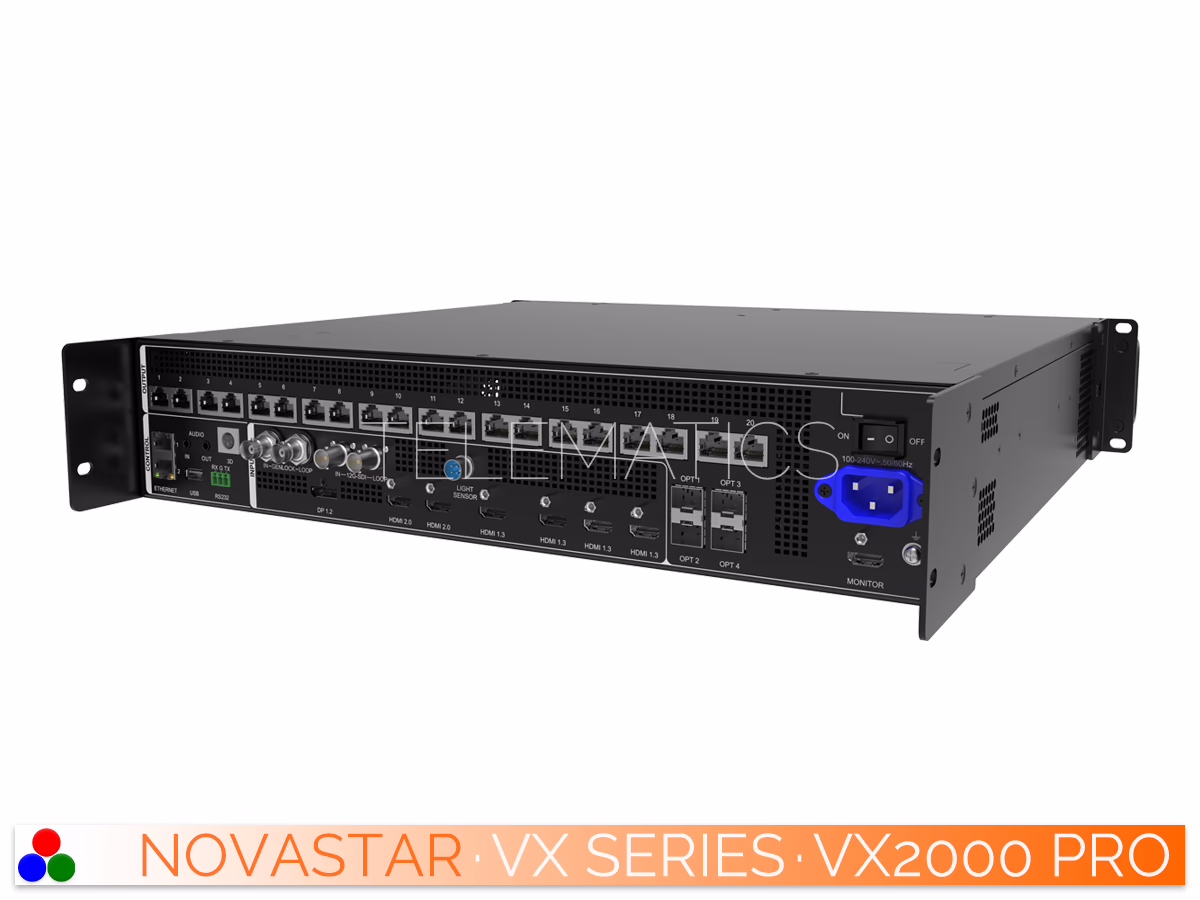 The Art Of Control · NovaStar VX Series · Telematics Canada Right-angled rear perspective of the NovaStar VX2000 Pro detailing the LED output ports, OPT connections, and AC power supply.