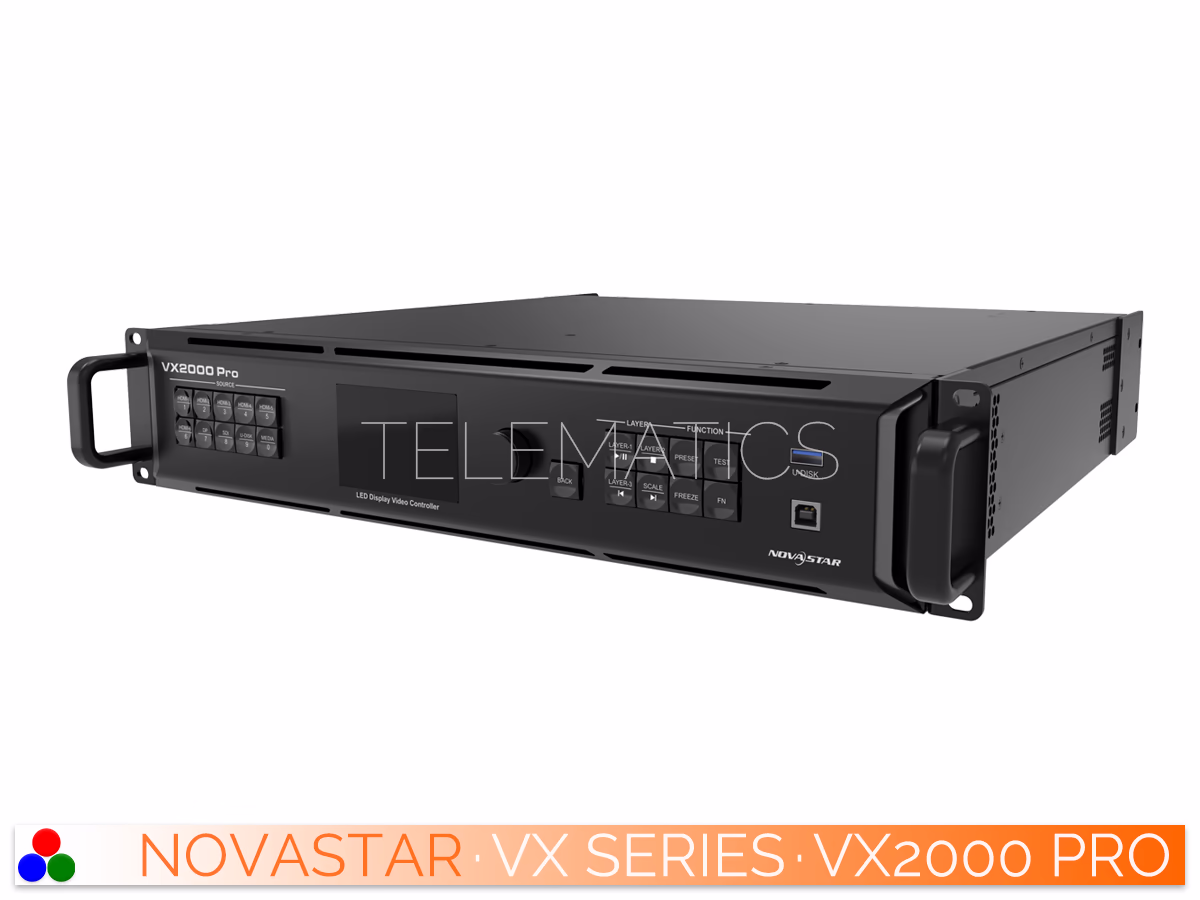 The Art Of Control · NovaStar VX Series · Telematics Canada Straight rear panel view of the NovaStar VX2000 Pro showcasing the comprehensive video inputs, Gigabit Ethernet outputs, and optical ports.