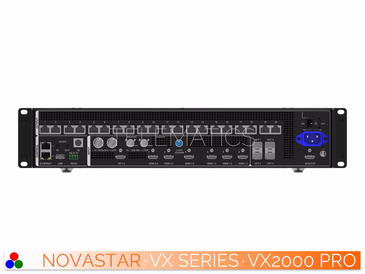 The Art Of Control · NovaStar VX Series · Telematics Canada Right side profile of the NovaStar VX2000 Pro hardware enclosure detailing the heat dissipation ventilation and mounting points.