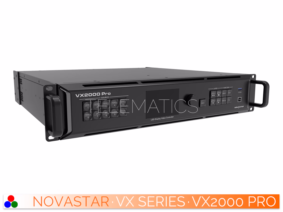The Art Of Control · NovaStar VX Series · Telematics Canada Top-down view of the NovaStar VX2000 Pro controller enclosure featuring a clean surface design and structural assembly screws.