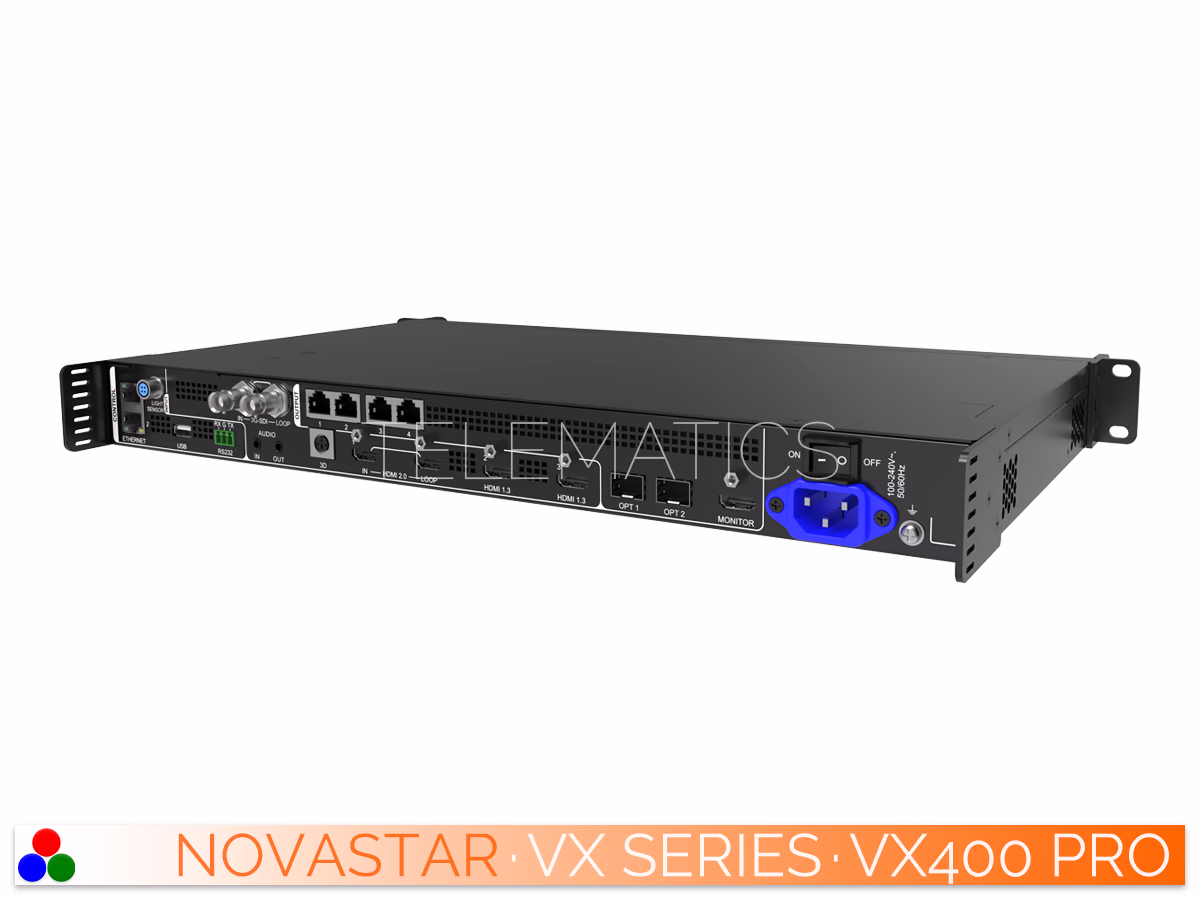 The Art Of Control · NovaStar VX Series · Telematics Canada Left-angled front perspective of the NovaStar VX400 Pro video controller highlighting the rack mount ears and front interface.