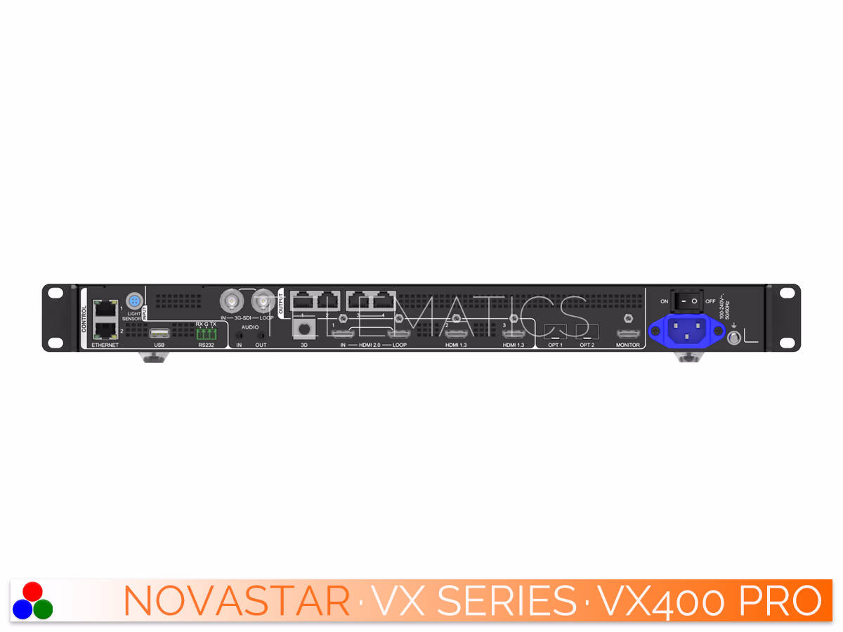 The Art Of Control · NovaStar VX Series · Telematics Canada Right-angled front view of the NovaStar VX400 Pro processor showing the control buttons, display screen, and side ventilation.