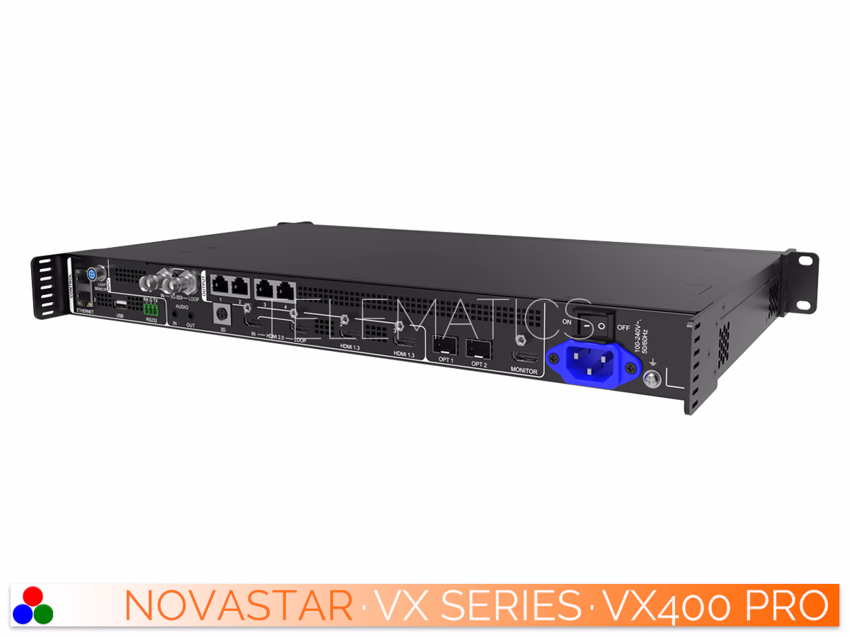The Art Of Control · NovaStar VX Series · Telematics Canada Elevated front perspective of the NovaStar VX400 Pro highlighting the robust rack-mountable chassis architecture.