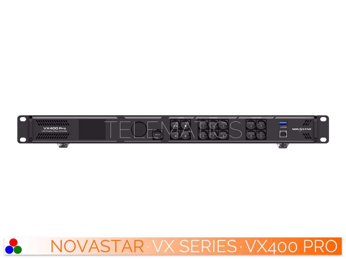 The Art Of Control · NovaStar VX Series · Telematics Canada Straight front panel view of the NovaStar VX400 Pro All-in-One Controller featuring the center LCD screen and navigation knob.