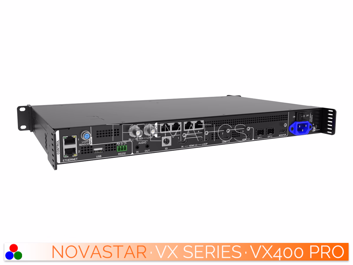 The Art Of Control · NovaStar VX Series · Telematics Canada Left-angled rear view of the NovaStar VX400 Pro all-in-one controller highlighting the HDMI inputs and audio interfaces.
