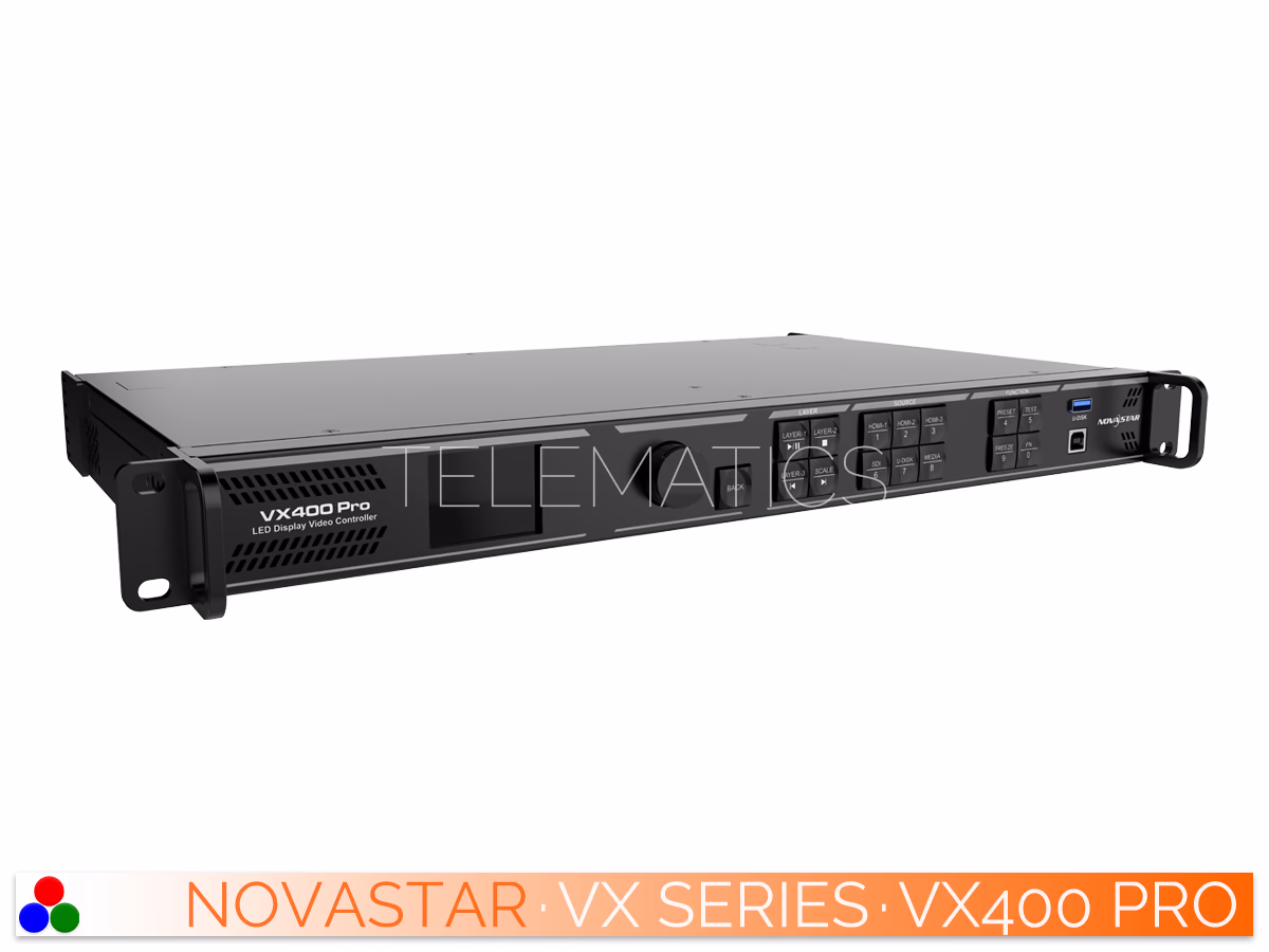 The Art Of Control · NovaStar VX Series · Telematics Canada Right-angled rear perspective of the NovaStar VX400 Pro detailing the LED output ports, control interfaces, and AC power supply.