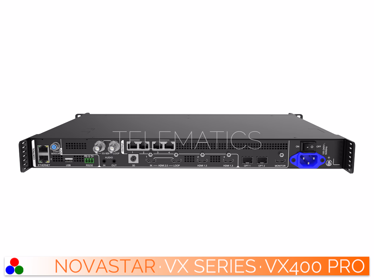 The Art Of Control · NovaStar VX Series · Telematics Canada Straight rear panel view of the NovaStar VX400 Pro showcasing the video inputs, Gigabit Ethernet outputs, and audio ports.