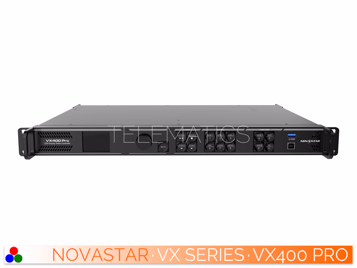 The Art Of Control · NovaStar VX Series · Telematics Canada Top-down view of the NovaStar VX400 Pro controller enclosure featuring a clean surface design and structural assembly screws.