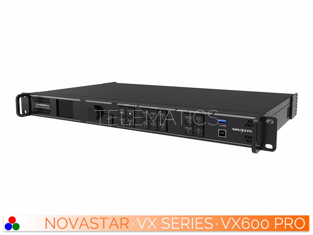 The Art Of Control · NovaStar VX Series · Telematics Canada Right-angled front view of the NovaStar VX600 Pro processor showing the control buttons, display screen, and side ventilation.