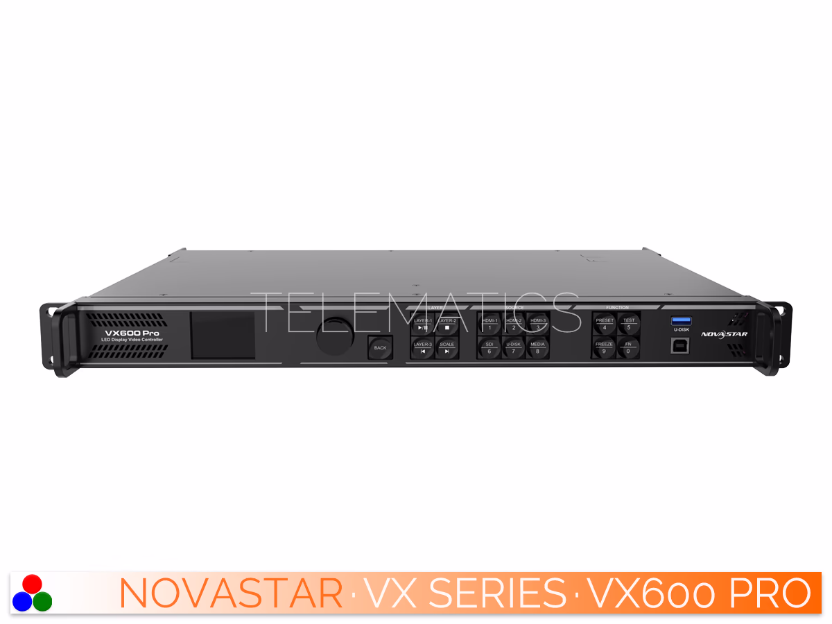 The Art Of Control · NovaStar VX Series · Telematics Canada Elevated front perspective of the NovaStar VX600 Pro highlighting the robust rack-mountable chassis architecture.