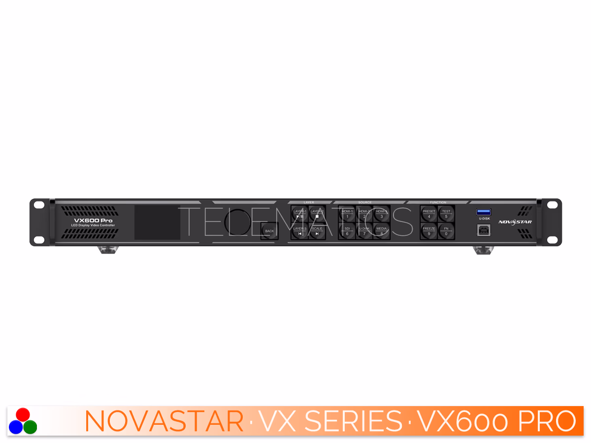 The Art Of Control · NovaStar VX Series · Telematics Canada Straight front panel view of the NovaStar VX600 Pro All-in-One Controller featuring the center LCD screen and navigation knob.