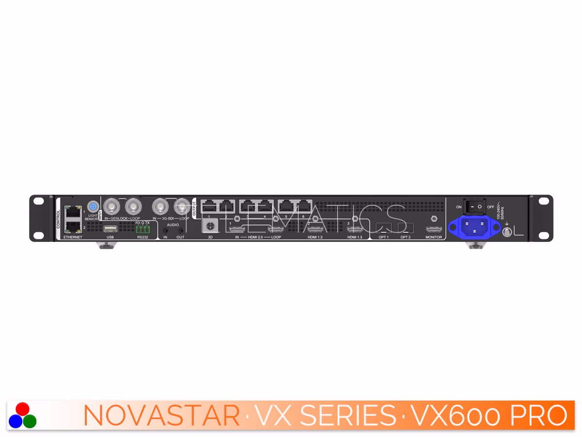 The Art Of Control · NovaStar VX Series · Telematics Canada Left-angled rear view of the NovaStar VX600 Pro all-in-one controller highlighting the HDMI, DP, and audio input interfaces.