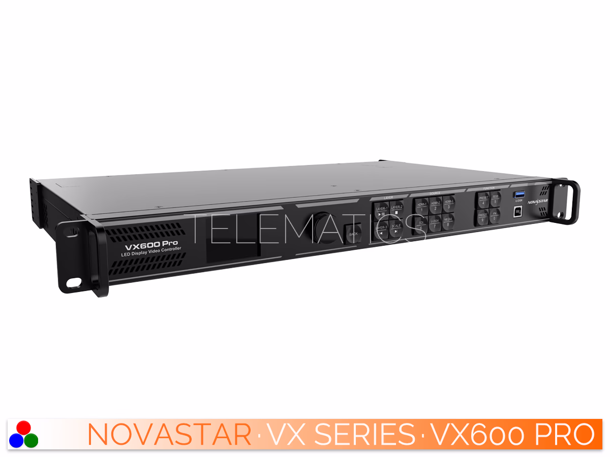 The Art Of Control · NovaStar VX Series · Telematics Canada Straight rear panel view of the NovaStar VX600 Pro showcasing the comprehensive video inputs, Gigabit Ethernet outputs, and optical ports.