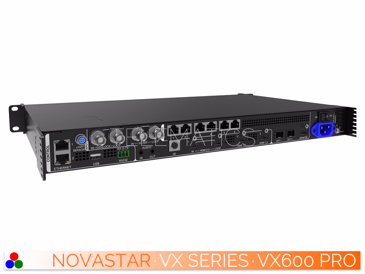 The Art Of Control · NovaStar VX Series · Telematics Canada Top-down view of the NovaStar VX600 Pro controller enclosure featuring a clean surface design and structural assembly screws.
