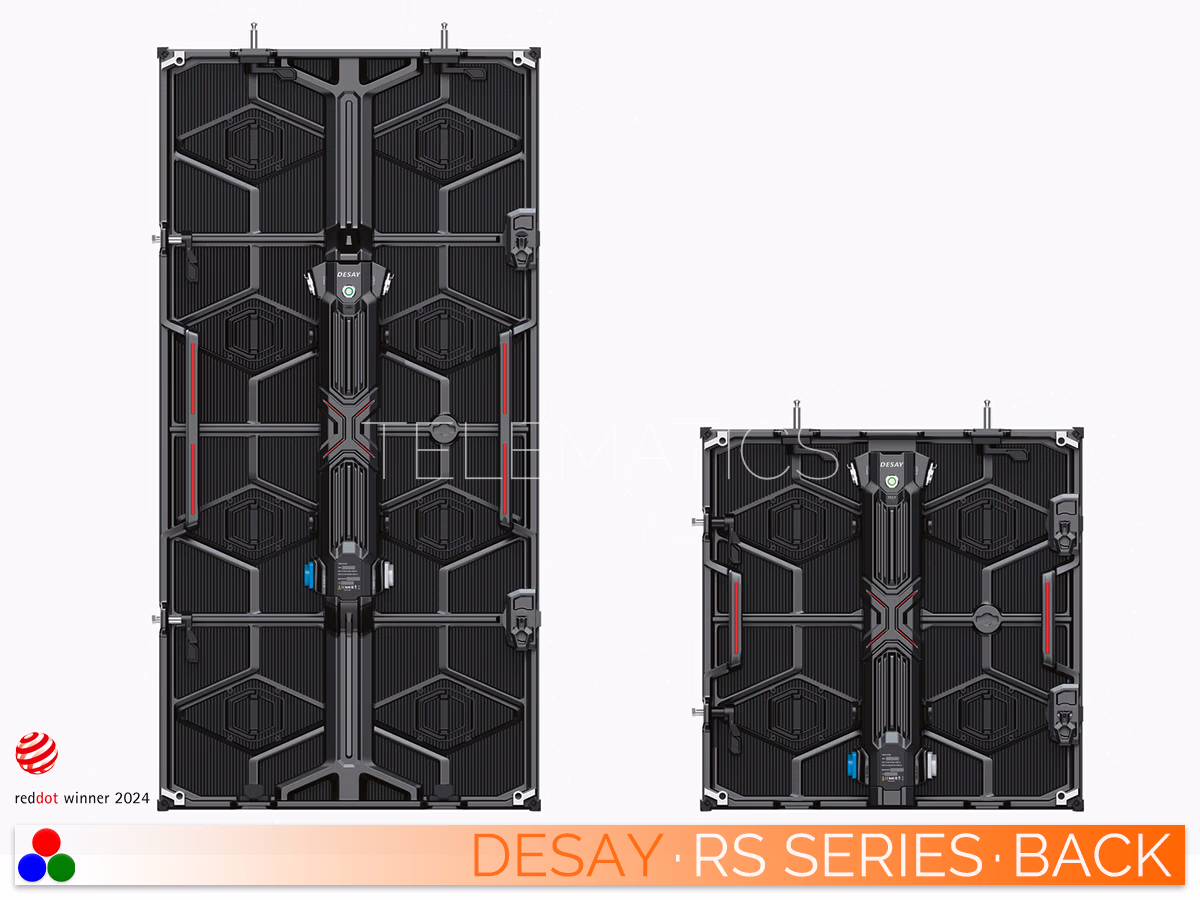 The Art Of LED · Desay RT Series · Telematics Canada Comparison of the Desay RT Series 500x1000mm and 500x500mm cabinets with touring frames folded, demonstrating the compact transport design incorporating user-friendly NovaStar control software.