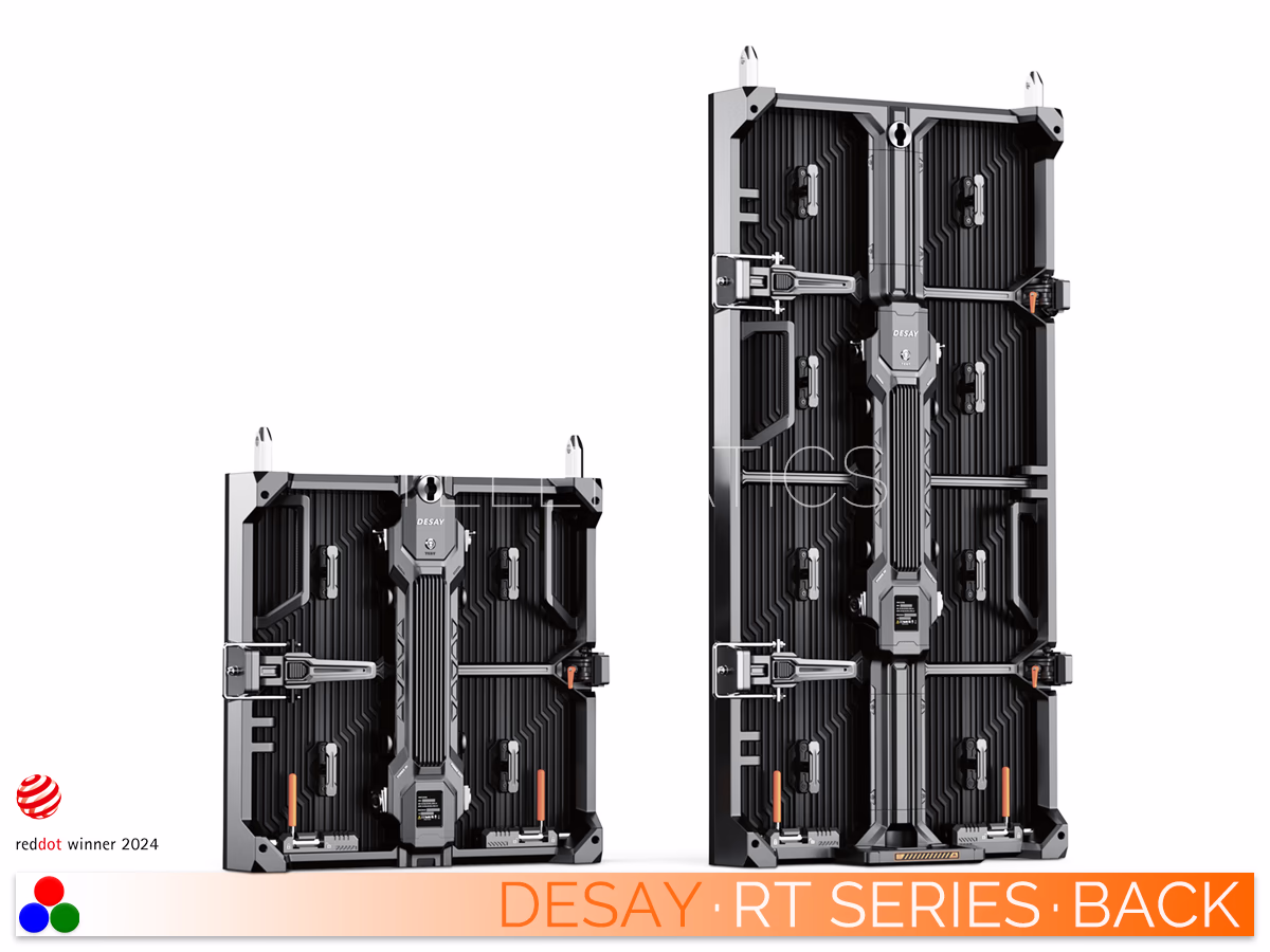 The Art Of LED · Desay RT Series · Telematics Canada Desay RT Series cabinet options displaying the optional 500x500mm and standard 500x1000mm sizes, both featuring identical power architectures and compatibility with high-performance NovaStar cards.