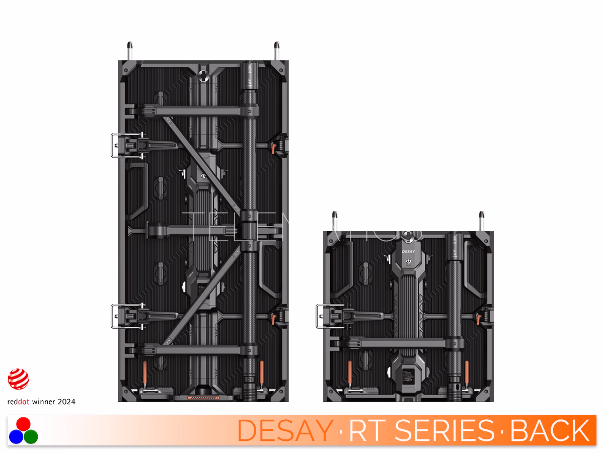 The Art Of LED · Desay RT Series · Telematics Canada Comparison of the Desay RT Series 500x1000mm and 500x500mm cabinets with touring frames folded, demonstrating the compact transport design incorporating user-friendly NovaStar control software.