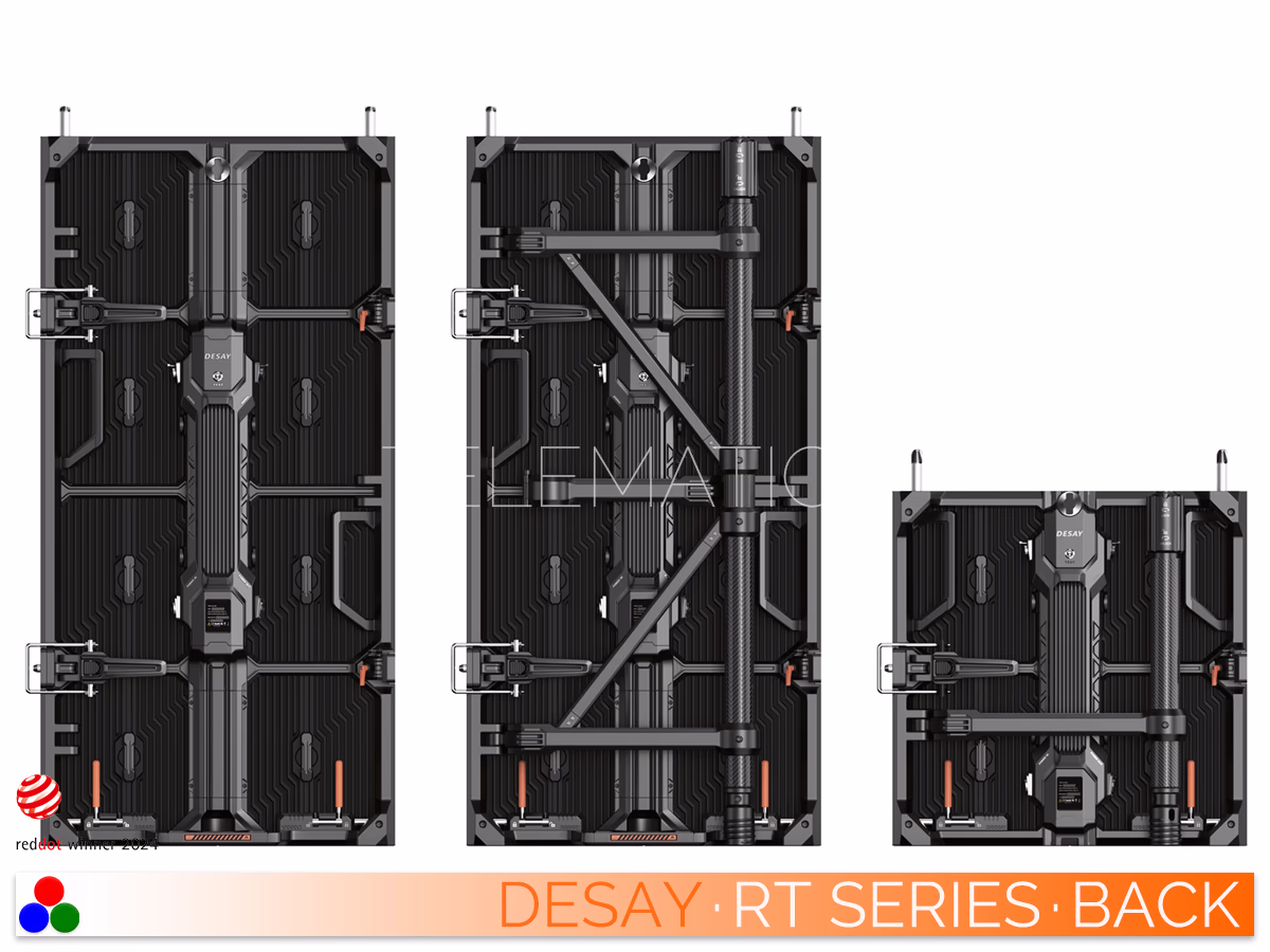 The Art Of LED · Desay RT Series · Telematics Canada Rear view of the Desay RT Series lineup featuring the 500x1000mm panel with extended carbon fiber touring frame, designed to support energy-saving NovaStar VMP software in large-scale outdoor events.