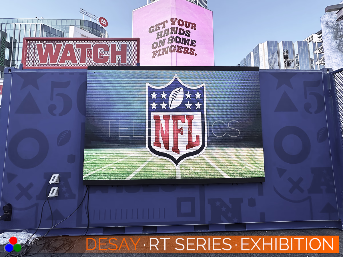 The Art Of LED · Desay RT Series · Telematics Canada High-contrast Desay RT Series 3.9mm outdoor LED display mounted on a shipping container, featuring black face lamps for superior image depth in bright sunlight.