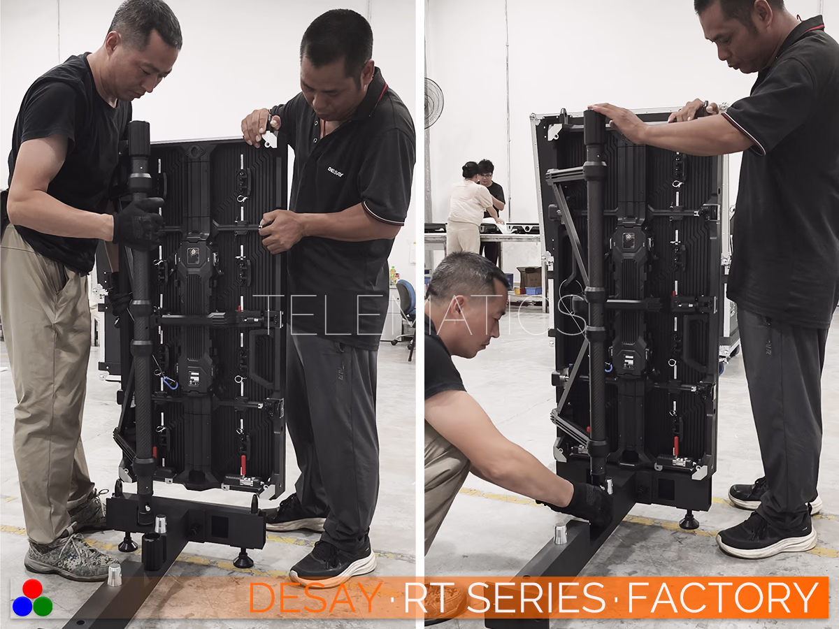 The Art Of LED · Desay RT Series · Telematics Canada Factory technicians assembling the carbon fiber touring frame on the Desay RT Series, demonstrating the rapid deployment capabilities of this NovaStar-equipped rental cabinet.