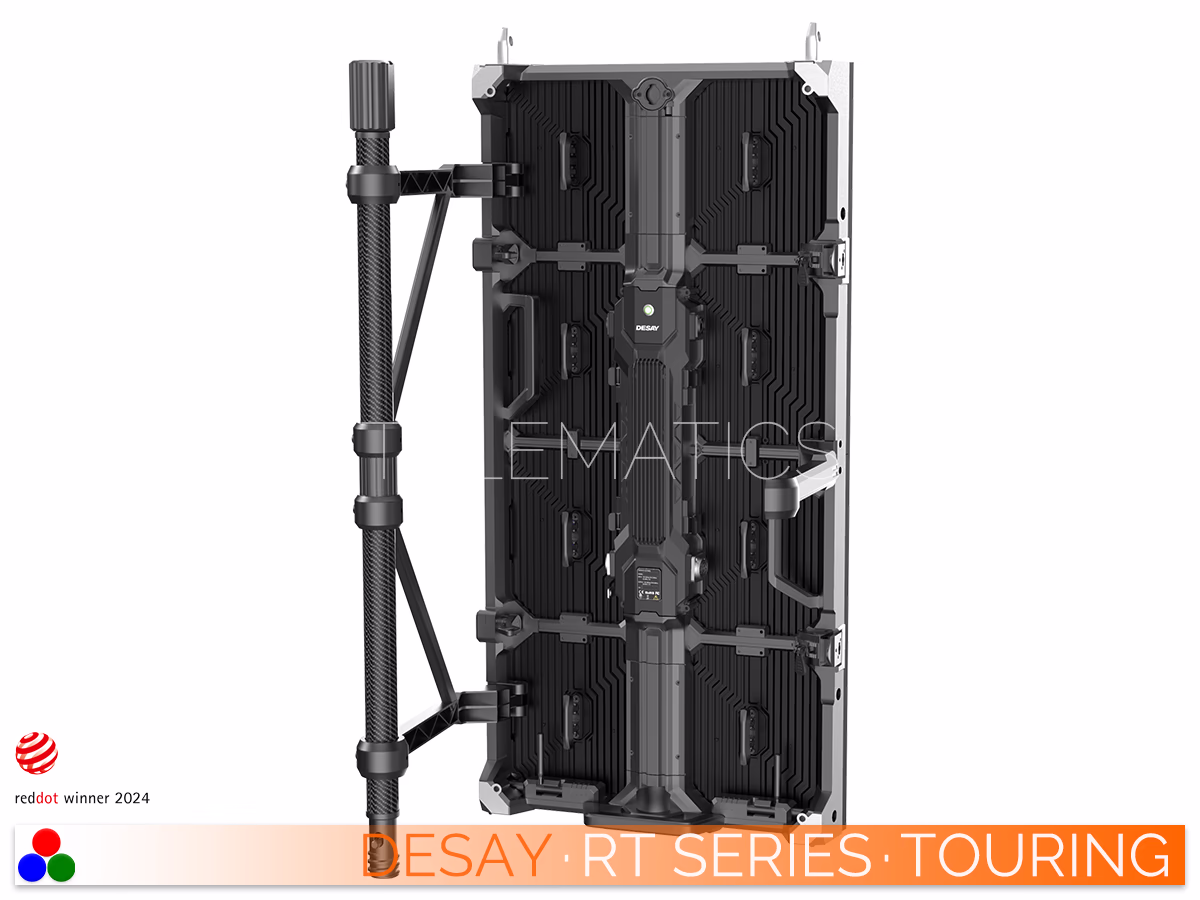 The Art Of LED · Desay RT Series · Telematics Canada Rear view of the Desay RT Series with the touring frame fully extended, revealing the integrated climbable ladder system that facilitates safe on-site maintenance.
