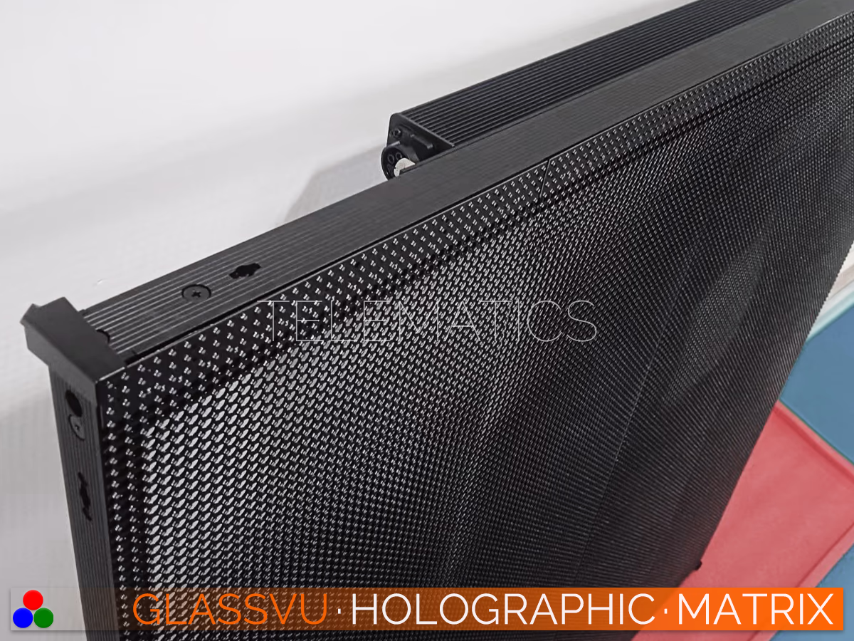 The Art Of Light · GlassVu Matrix · Telematics Canada Top edge profile of the 1000x1000 GlassVu Matrix robust rental panel, showcasing the sleek black structural frame and integrated connection points.