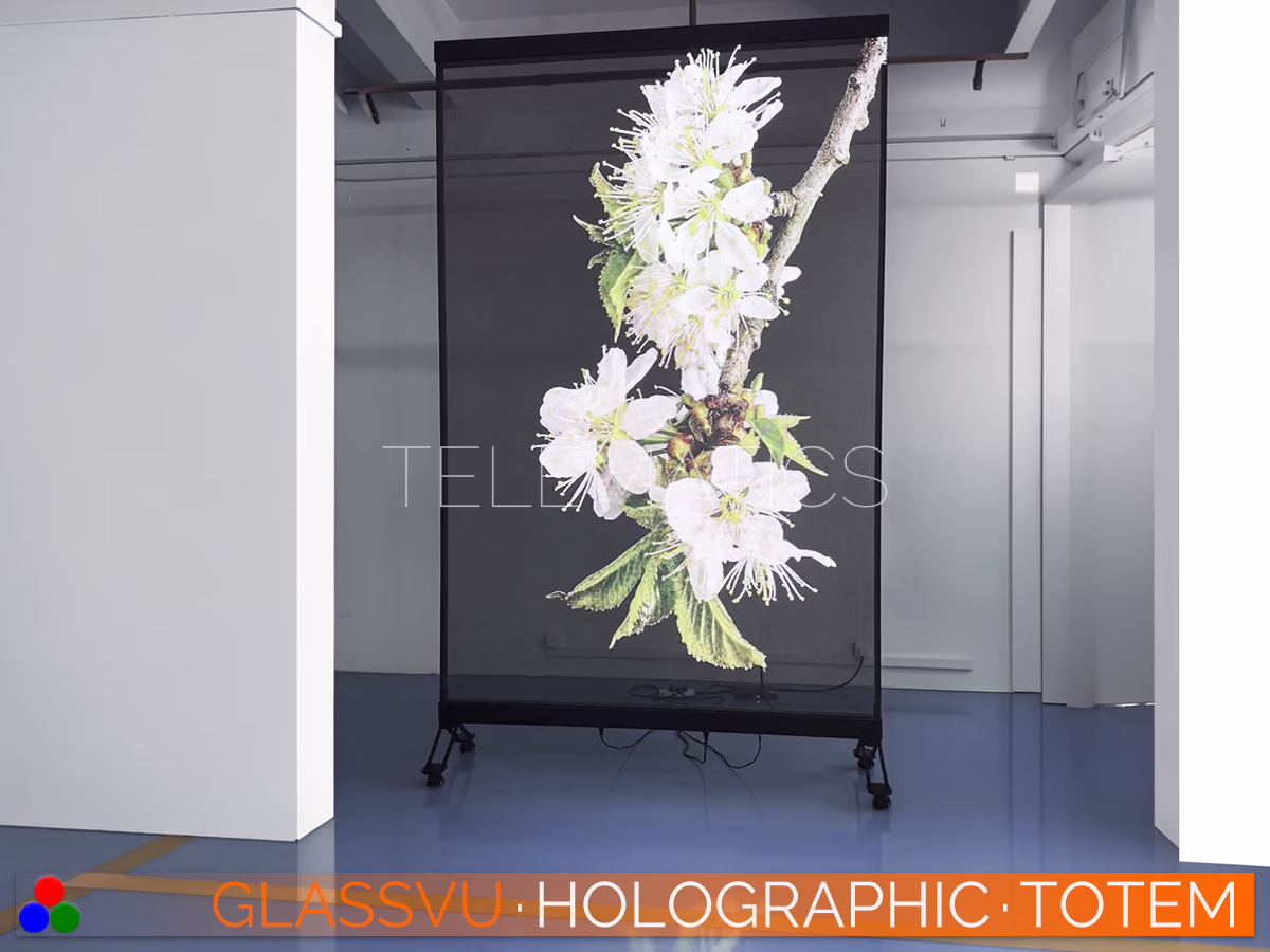 GlassVu Holographic Totem freestanding mobile transparent LED display functioning as versatile digital signage for flexible retail floor placement.